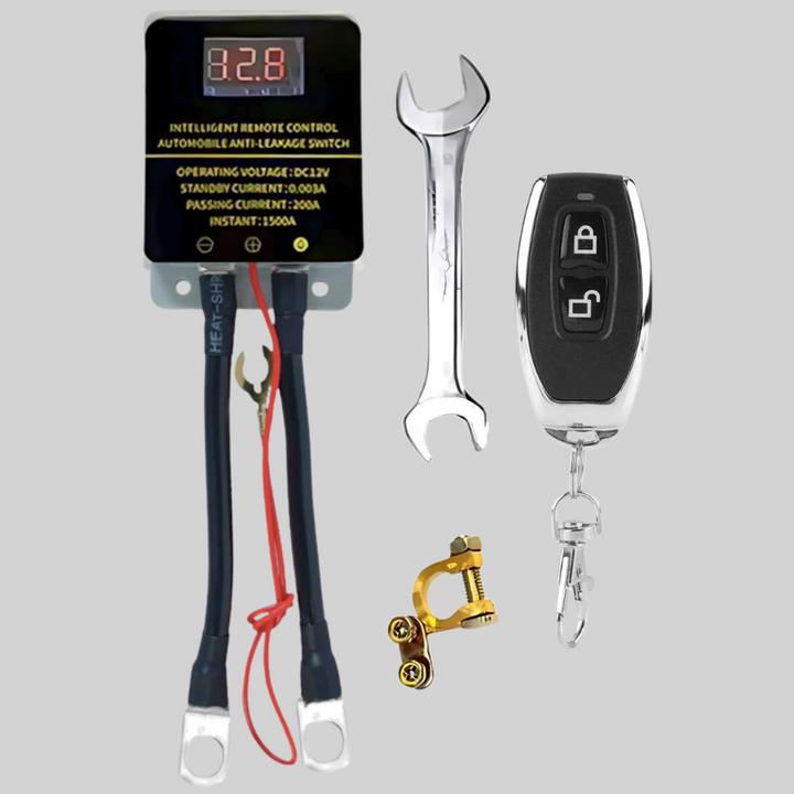Automotive power switch and battery saver, featuring a remote control for convenience & security.