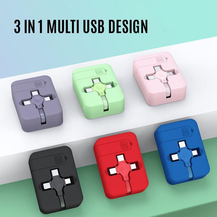 Retractable 3-in-1 USB fast charging cable for multiple devices, portable & compact design.