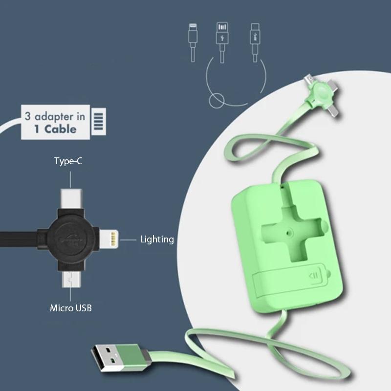 Multi-device retractable charging cable with USB-A, Type-C, Micro USB, Lightning connectors.