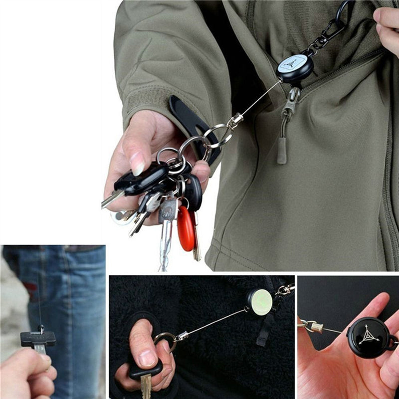 Set of 3 unisex retractable keychains with strong wire cord, perfect for secure key holding & easy access.