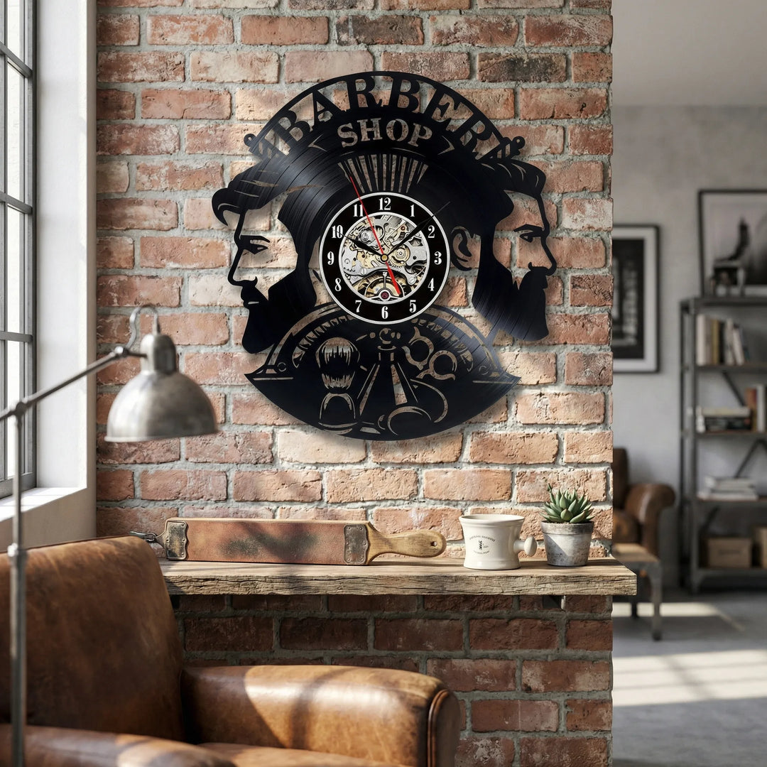 Retro barber shop wall clock, a unique timepiece for salon decor accent.