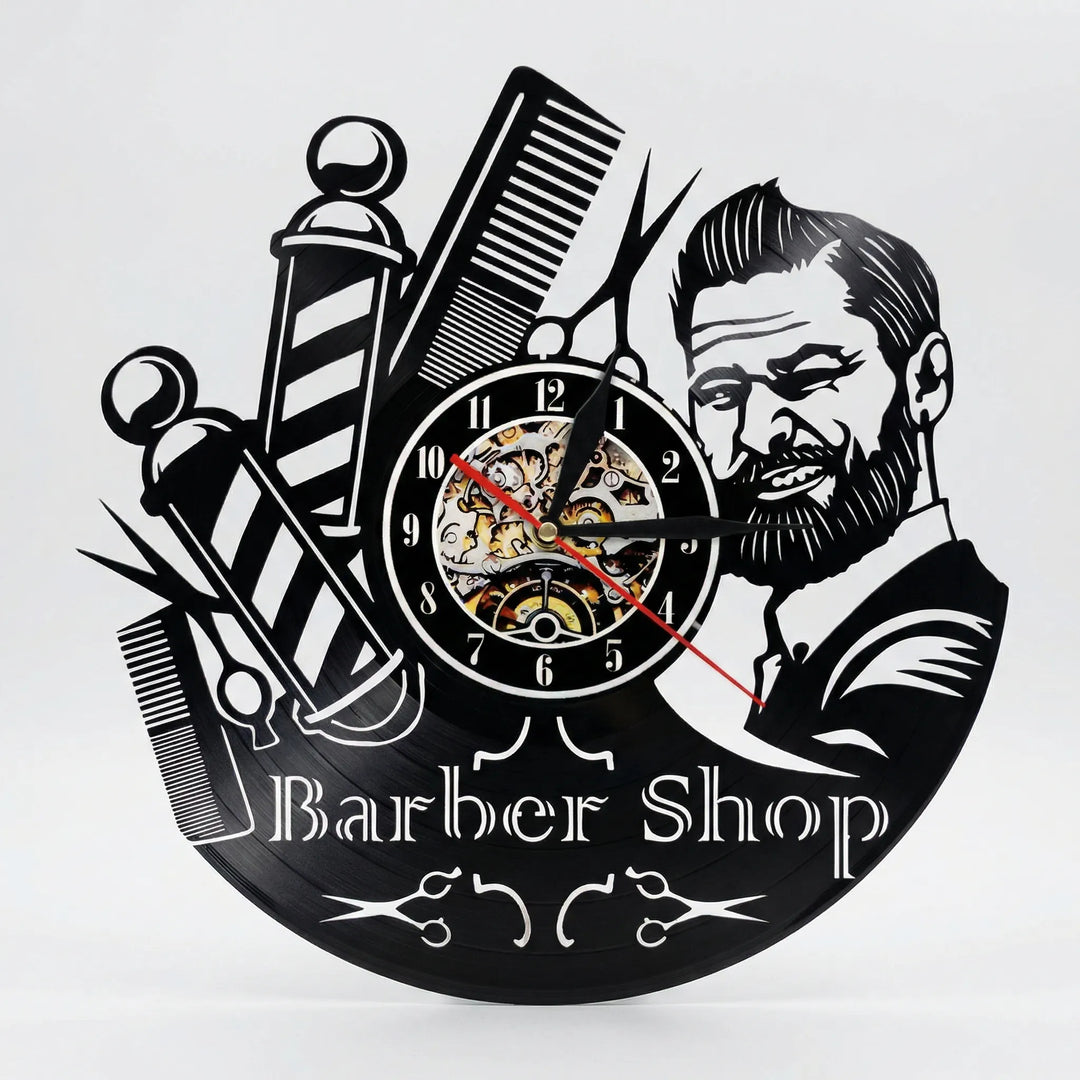 Retro barber shop wall clock, unique design, perfect decorative accent for shop decor.