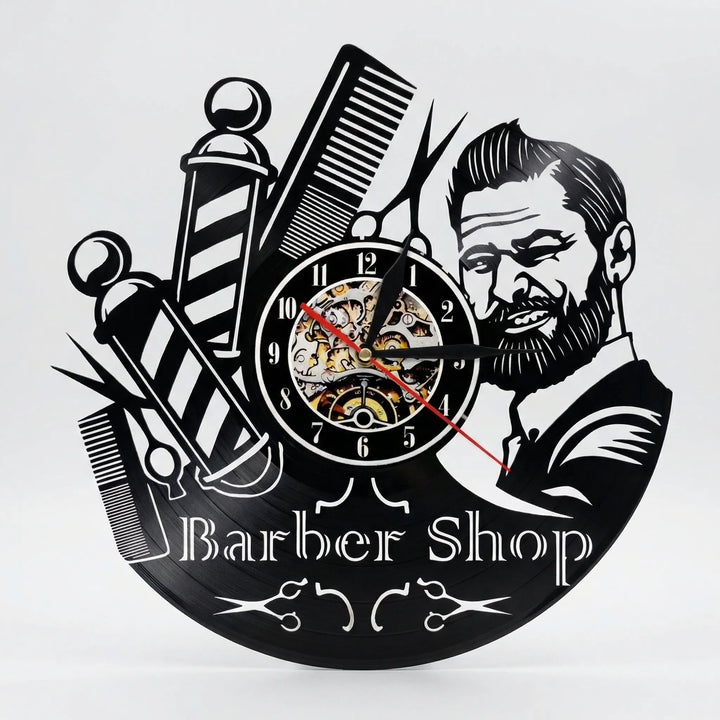 Retro barber shop wall clock, unique design, perfect decorative accent for shop decor.