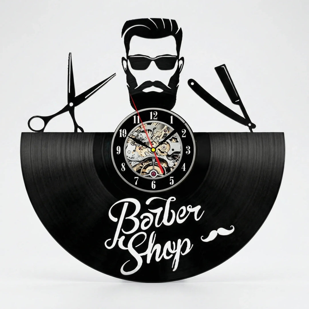 Analog wall clock with retro barber shop design, stylish salon art & shop decor.