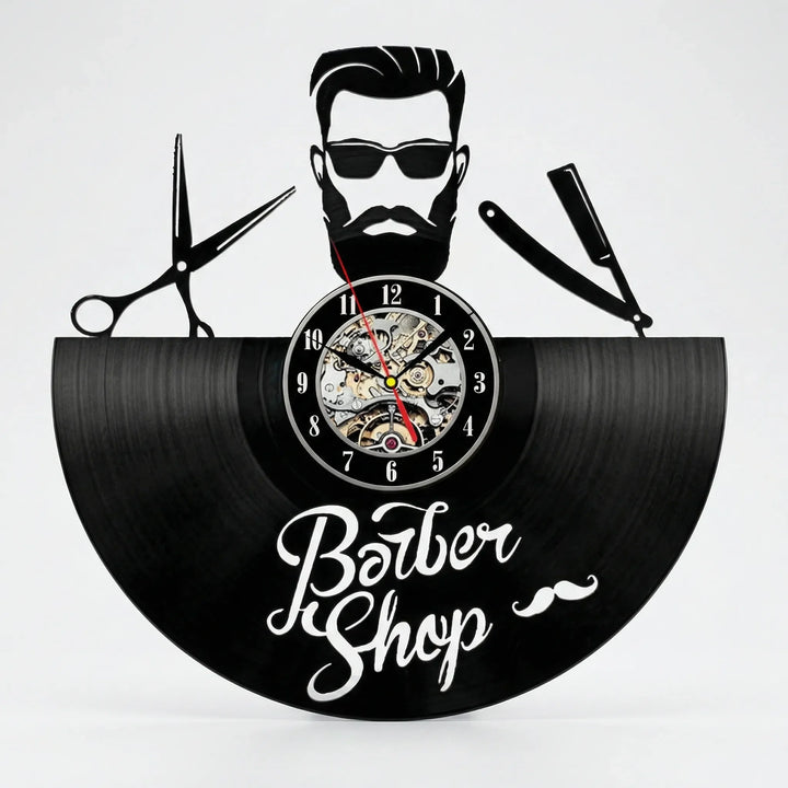 Analog wall clock with retro barber shop design, stylish salon art & shop decor.