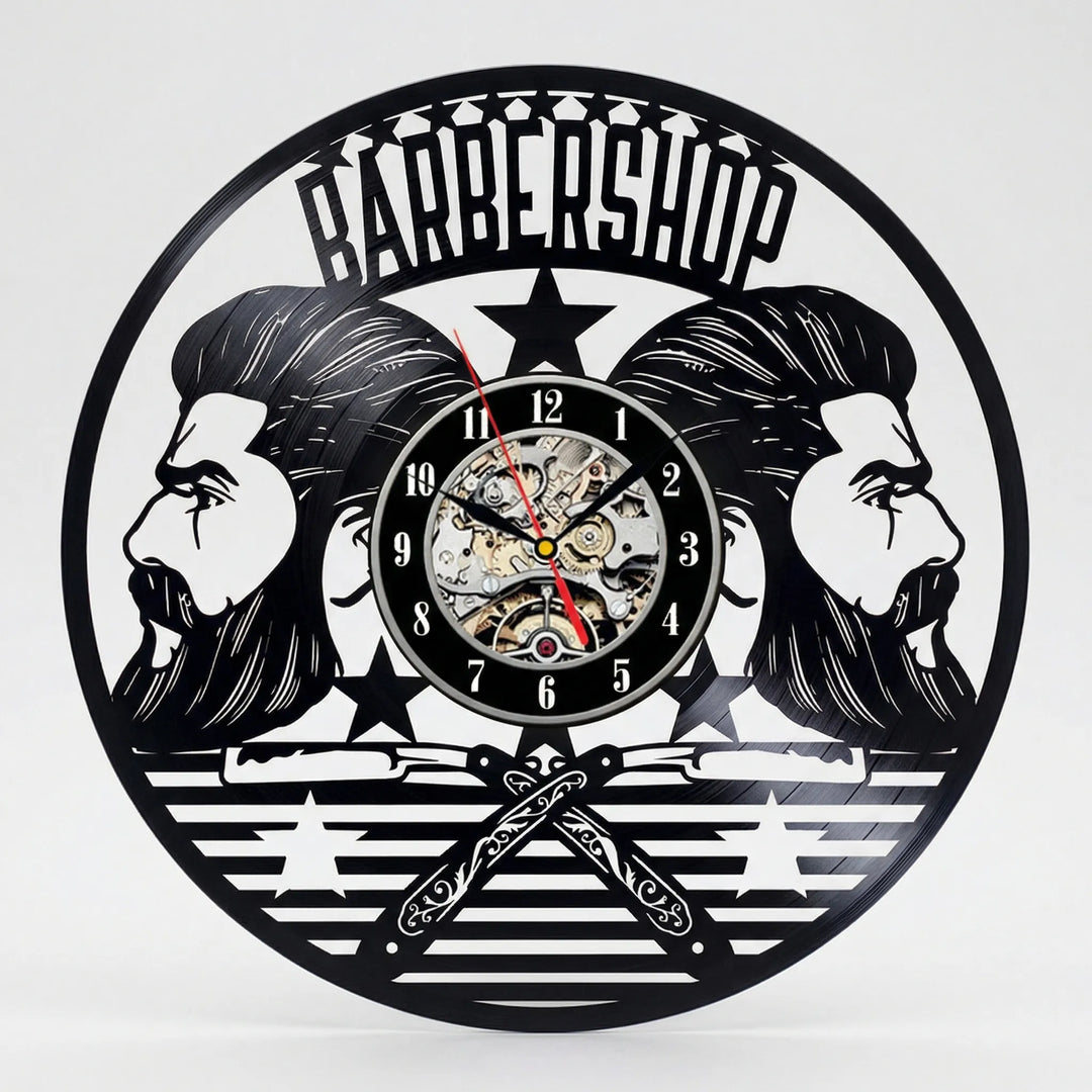 Decorative retro barber shop clock, a vintage-style timepiece for unique salon wall art.