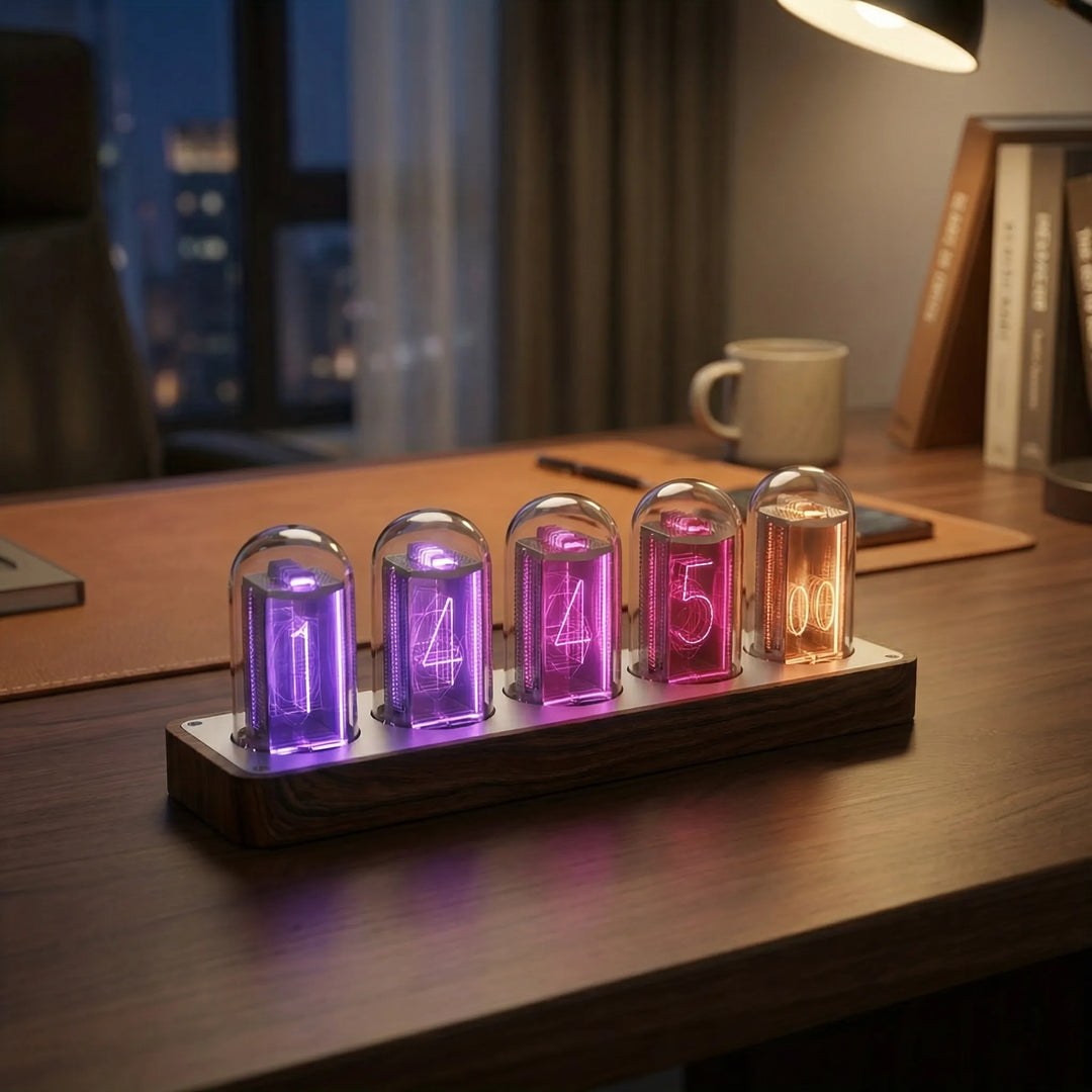 Retro digital desk clock with an illuminated display. Perfect for vintage home decor, featuring automatic time sync.