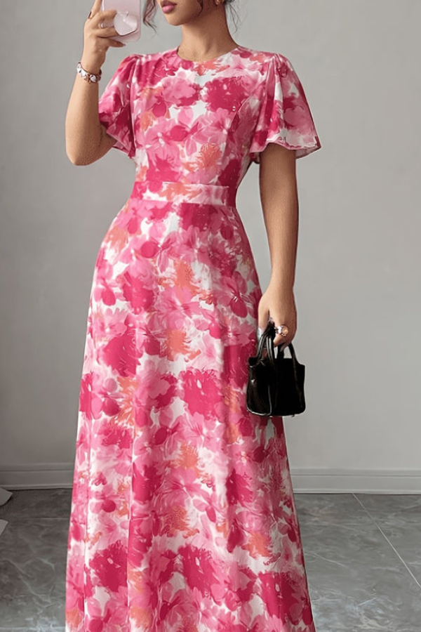 Beautiful pleated midi dress for women, retro floral design with ruffled sleeves.
