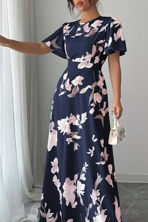 Stylish women's flowy midi dress, retro floral print, perfect for summer or spring.