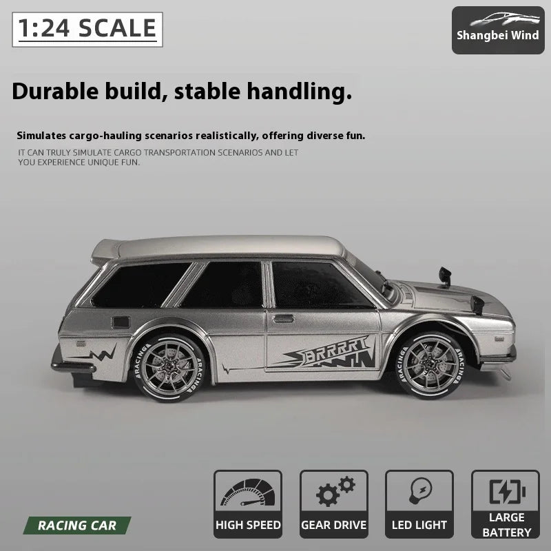 Classic retro-style RC drift car performing a high-speed slide, remote control hobby vehicle.