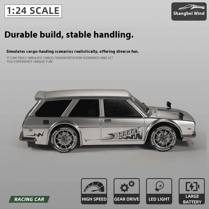 Classic retro-style RC drift car performing a high-speed slide, remote control hobby vehicle.
