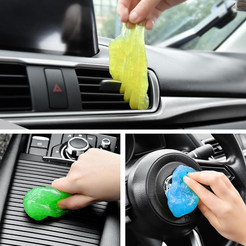 Reusable blue cleaning gel on a car dashboard, highlighting its use for interior cleaning