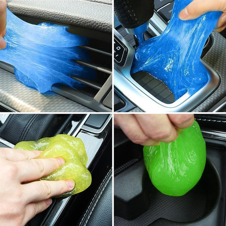 Blue cleaning gel, reusable, pictured next to various gadgets, showcasing its versatility