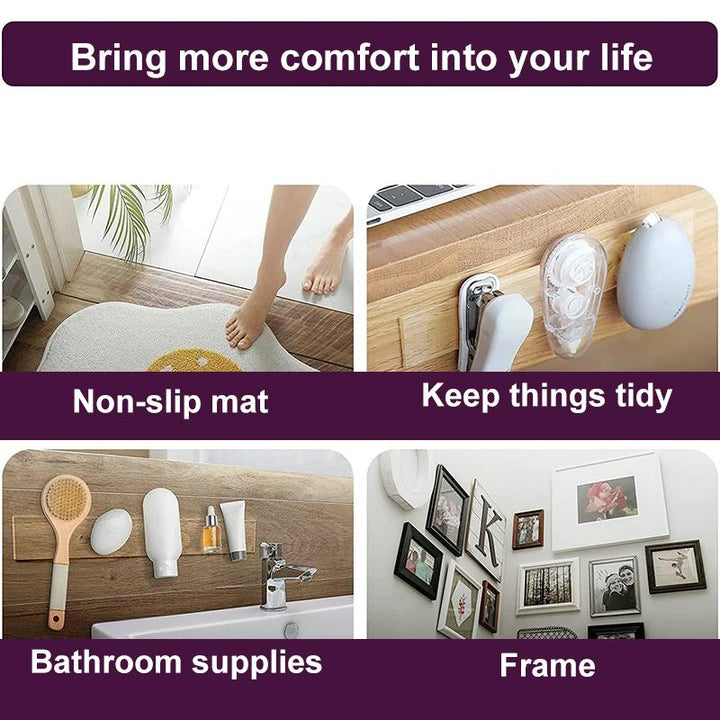Transparent reusable adhesive tape for reliable, temporary or permanent wall mounting solutions