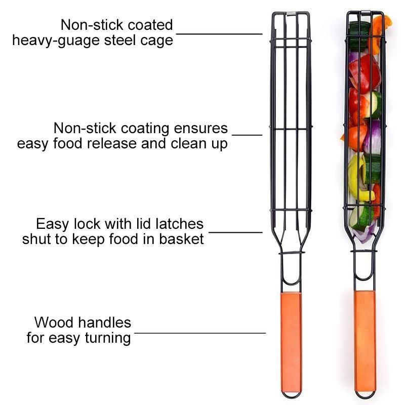 Close-up of a reusable grill kabob basket filled with colorful vegetables, ready for outdoor barbecue cooking.