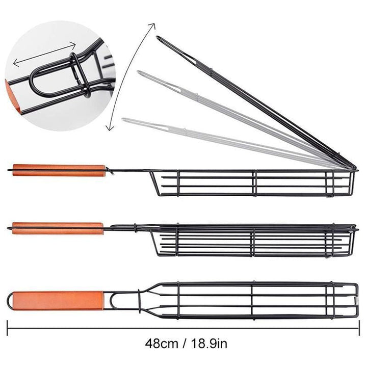 Ergonomic handle of a reusable grill kabob basket, designed for safe and easy turning on the barbecue grill.