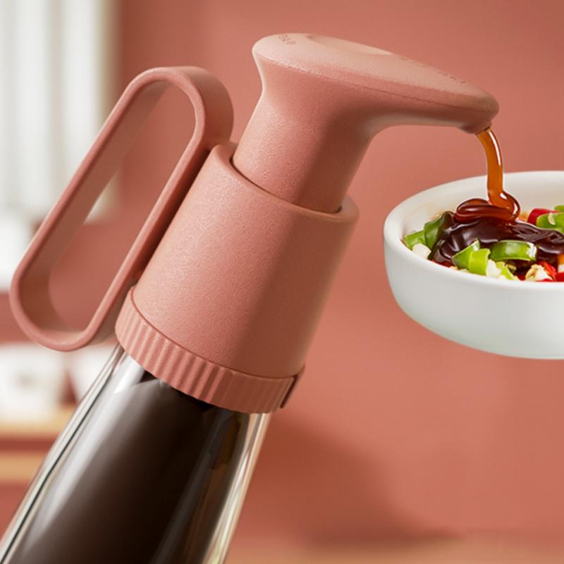 Sauce dispenser pump for kitchen, easy-press top, clear container, cooking gadget