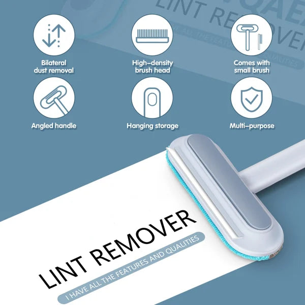 Cleaning brush for pet owners, effortlessly picking up dog hair, cat fur & lint from bedding.
