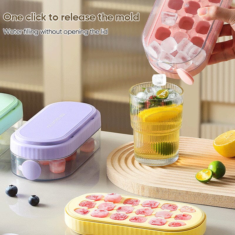 Top-down view of the quick-release ice cube tray and accompanying storage bin, for easy ice making