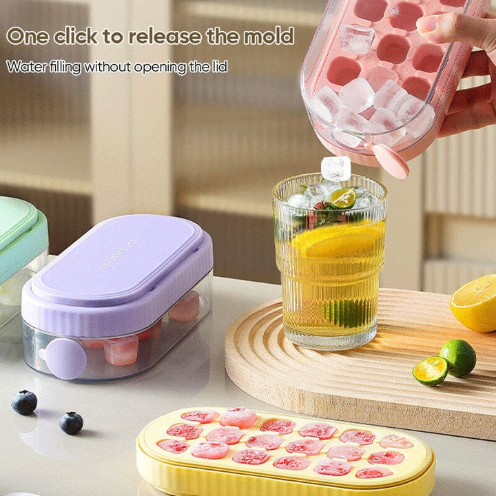 Top-down view of the quick-release ice cube tray and accompanying storage bin, for easy ice making