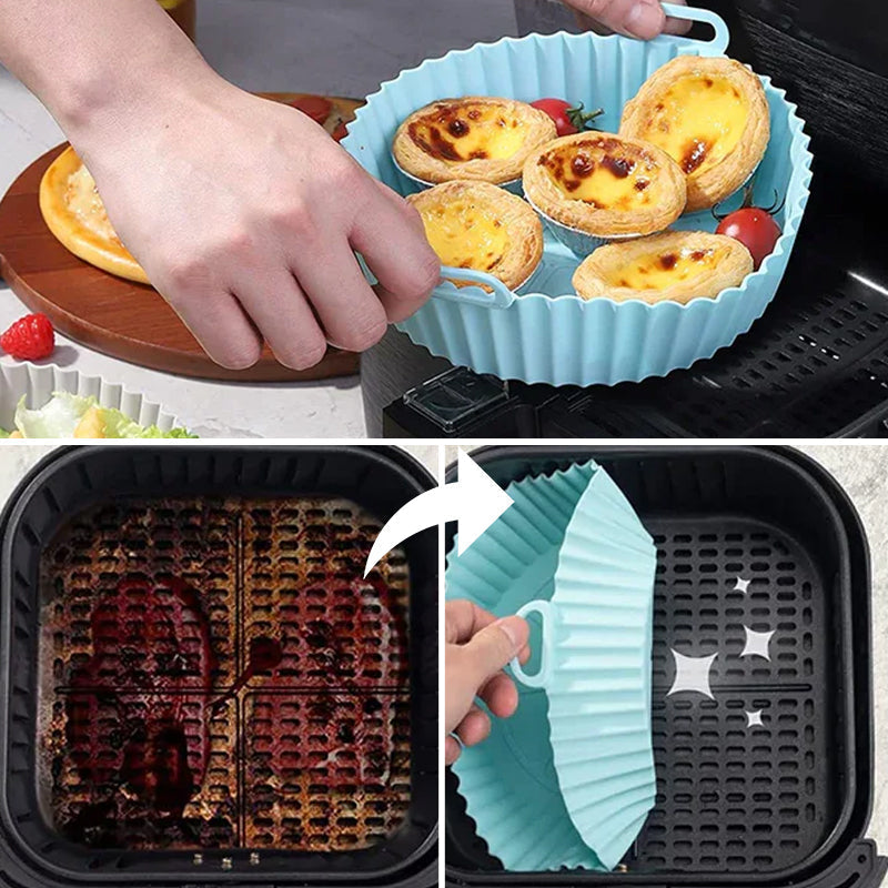 Set of two silicone air fryer trays in red and grey, reusable, easy-clean baking mats