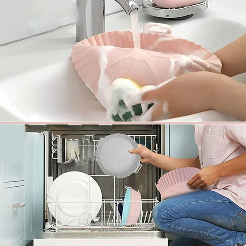 Reusable air fryer tray with food cooking inside, highlighting its non-stick and easy-clean features