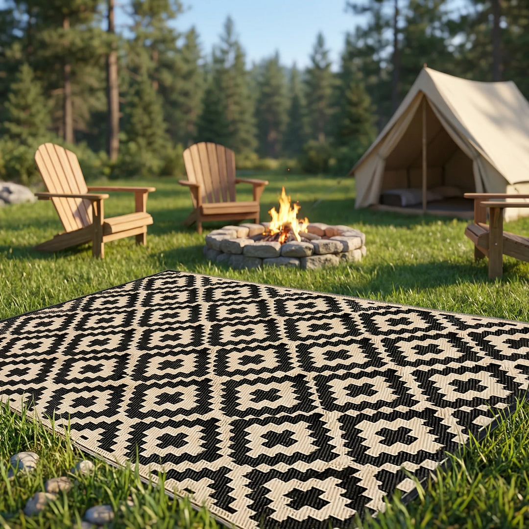 Reversible boho outdoor rug for patio & deck, featuring a water-resistant wavy geometric pattern. Easy clean camping mat.
