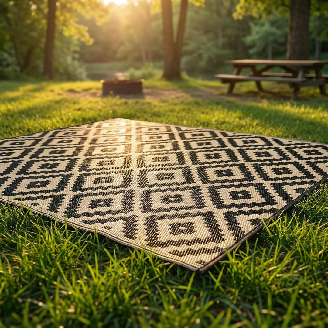 Easy-clean & foldable reversible boho outdoor rug. Water-resistant wave pattern perfect for patio, deck, camping, & picnics.