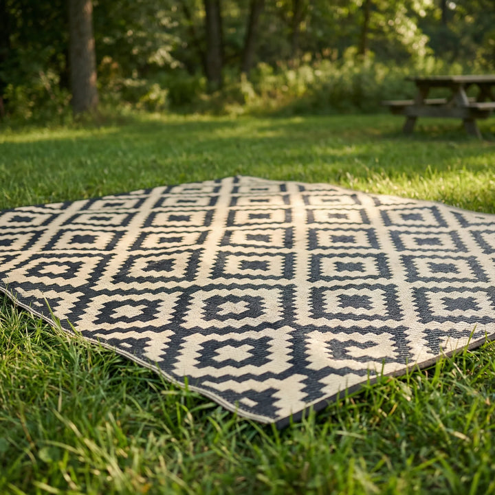 Geometric reversible boho outdoor rug with a captivating wave design. Enhances patio, deck, or camping areas. Water-resistant.