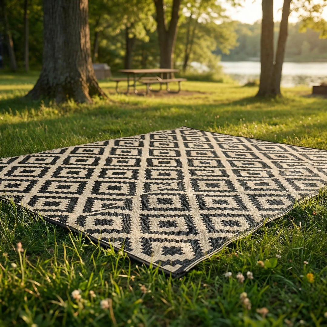 Statement reversible outdoor rug with a unique boho wave pattern. Durable & water-resistant for deck, patio, or camping adventures.