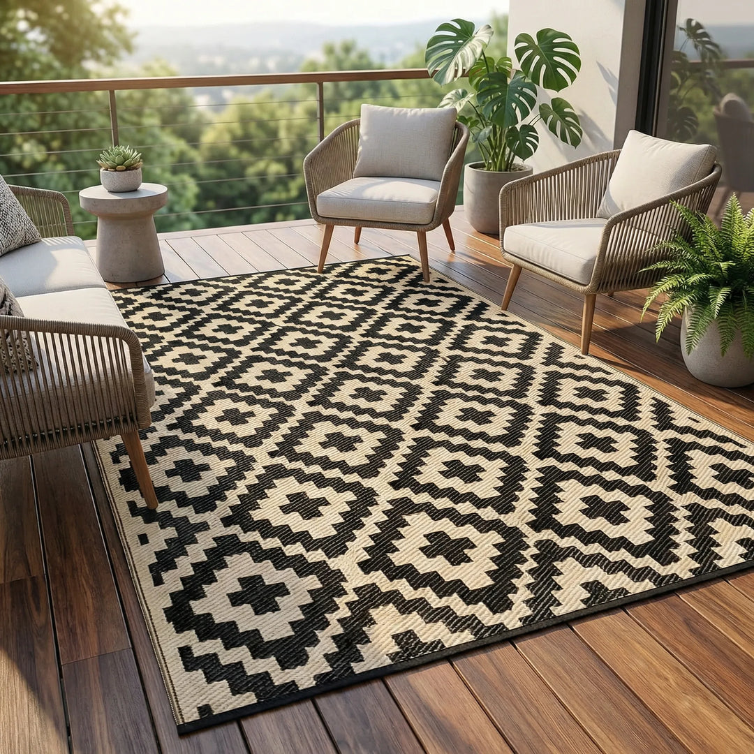 Stylish reversible outdoor geometric area rug with wave pattern. Durable & weather-resistant for any patio.