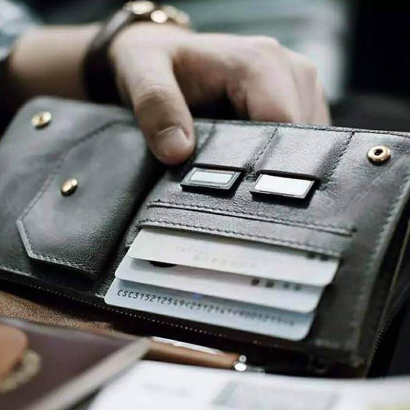 Men's RFID blocking leather wallet with multiple card slots, travel essential