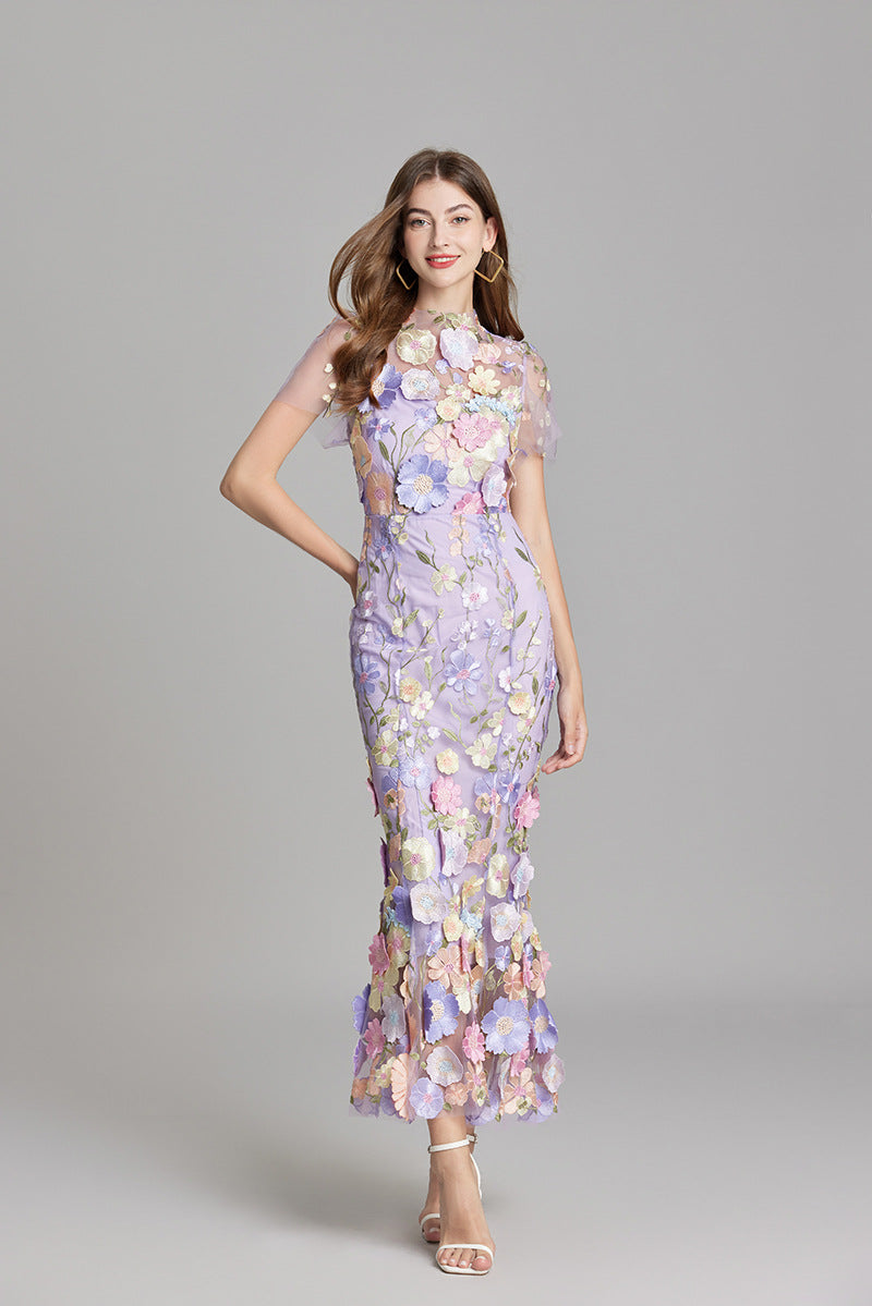 Romantic long floral appliqué mermaid dress for women, illusion neckline.