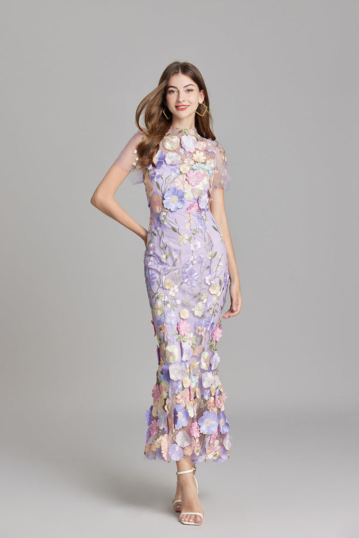 Romantic long floral appliqué mermaid dress for women, illusion neckline.