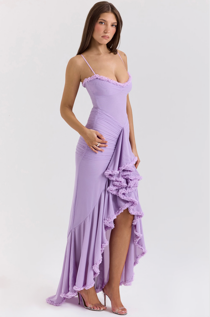 Full-length women's romantic ruffle maxi dress, perfect as an elegant cocktail or formal evening gown.