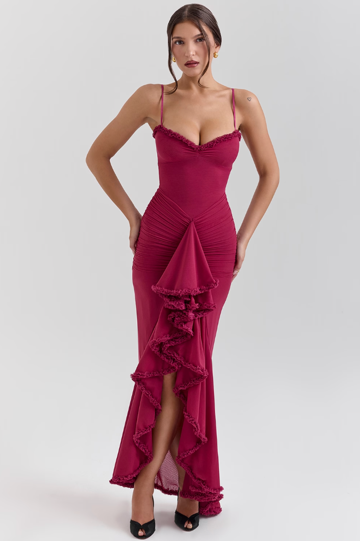 Luxurious flowy romantic ruffle maxi dress for women, an elegant choice for weddings & special occasions.