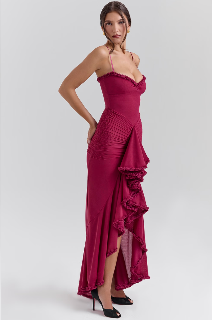 Women's special occasion ruffle maxi dress, an elegant & romantic evening gown for memorable events.