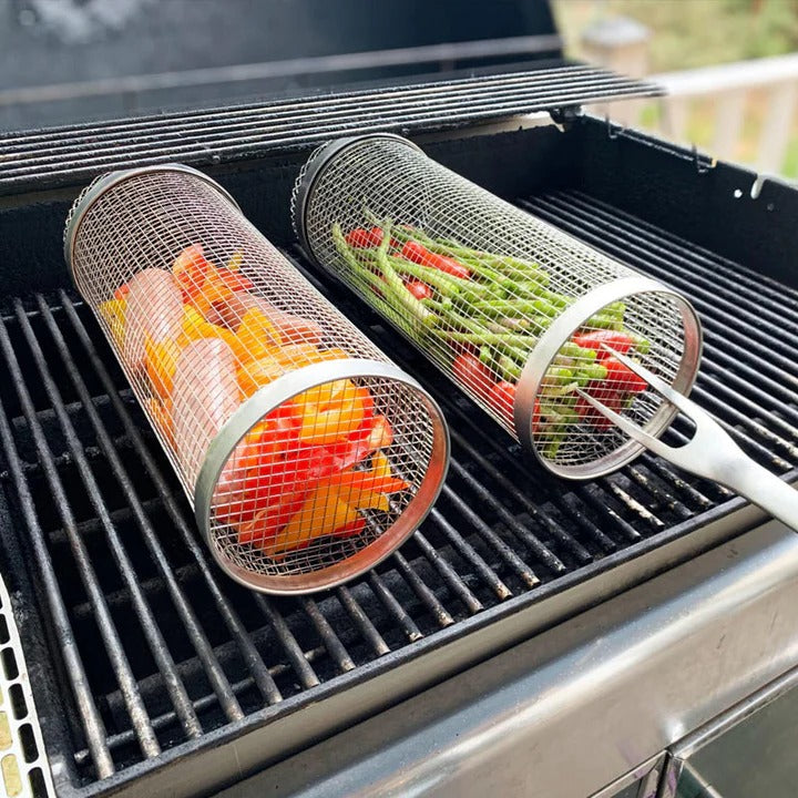 Rolling BBQ grill basket for rotisserie cooking fish & veggies. Durable outdoor accessory.