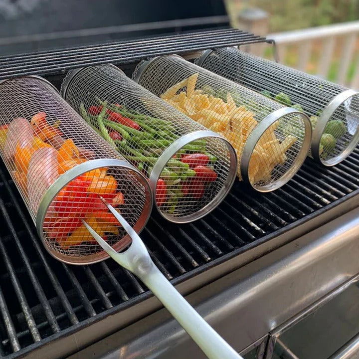 Durable stainless steel rotating grill basket for outdoor barbecue. Evenly grills meats & veggies.