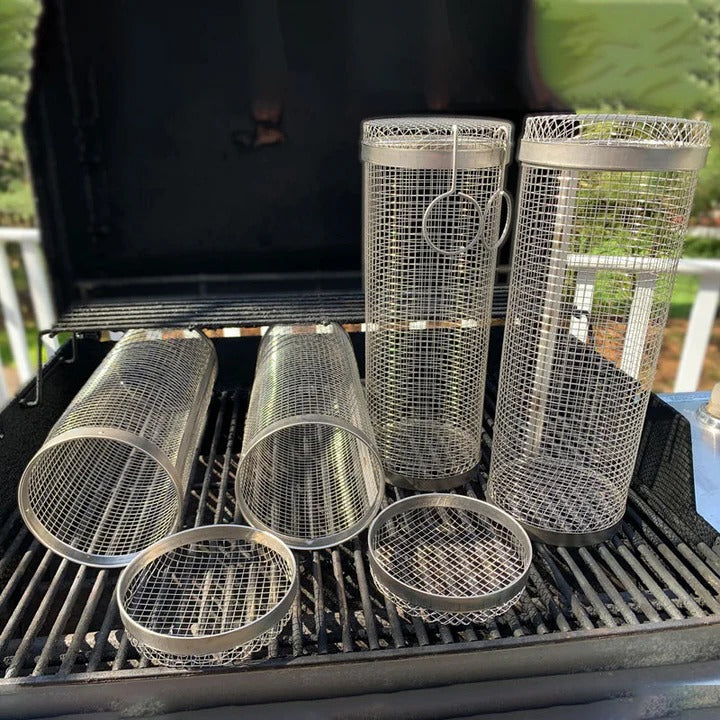 BBQ tool: rotating stainless steel basket for even grilling of vegetables, shrimp & diced meats.