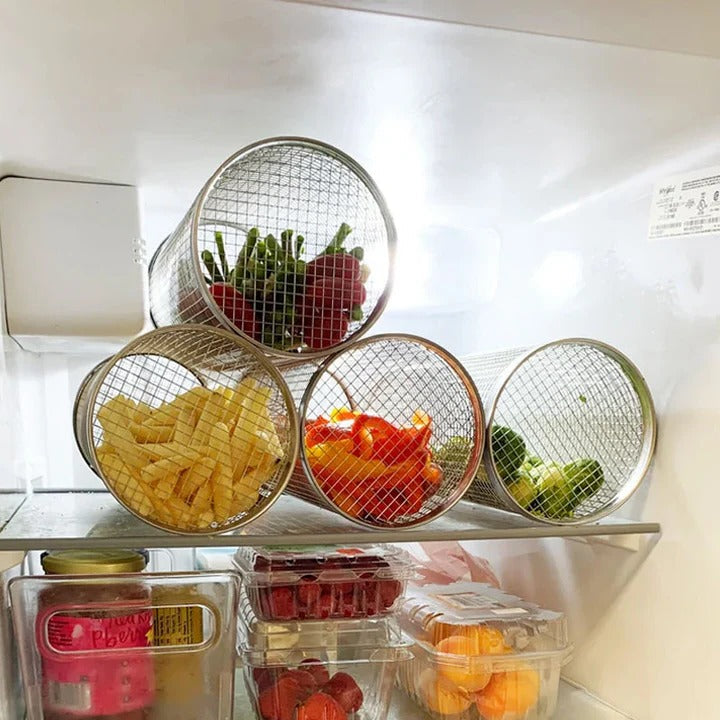 Outdoor cooking accessory: rolling grill basket for vegetables, corn & small items on rotisserie.