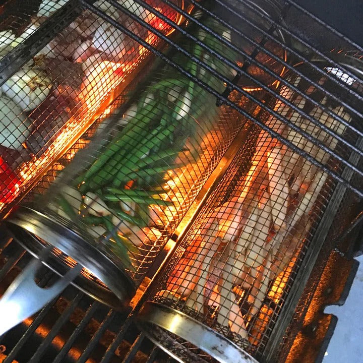 Rotisserie compatible grill basket, stainless steel for barbecue use. Grill veggies & meat easily.