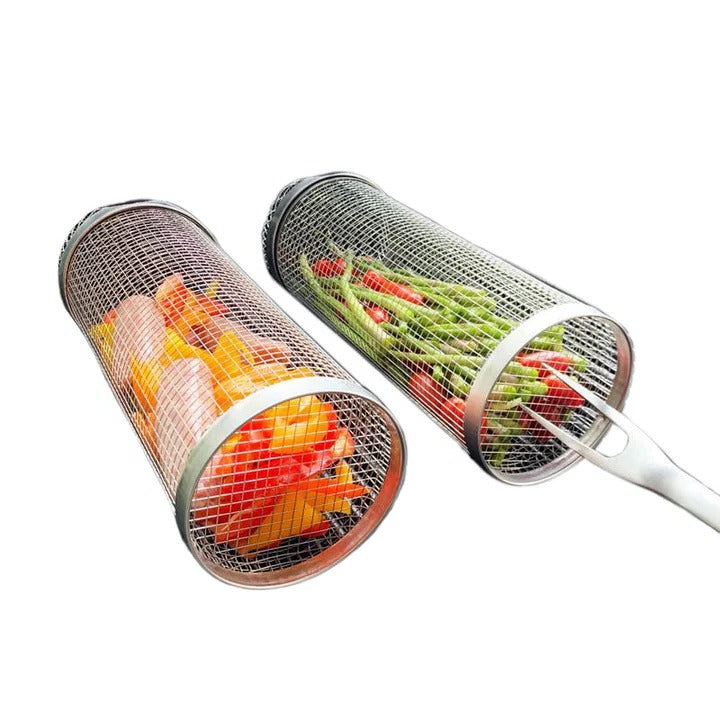 Heavy-duty rotating grill basket, essential for outdoor BBQ. Cooks variety of foods evenly.