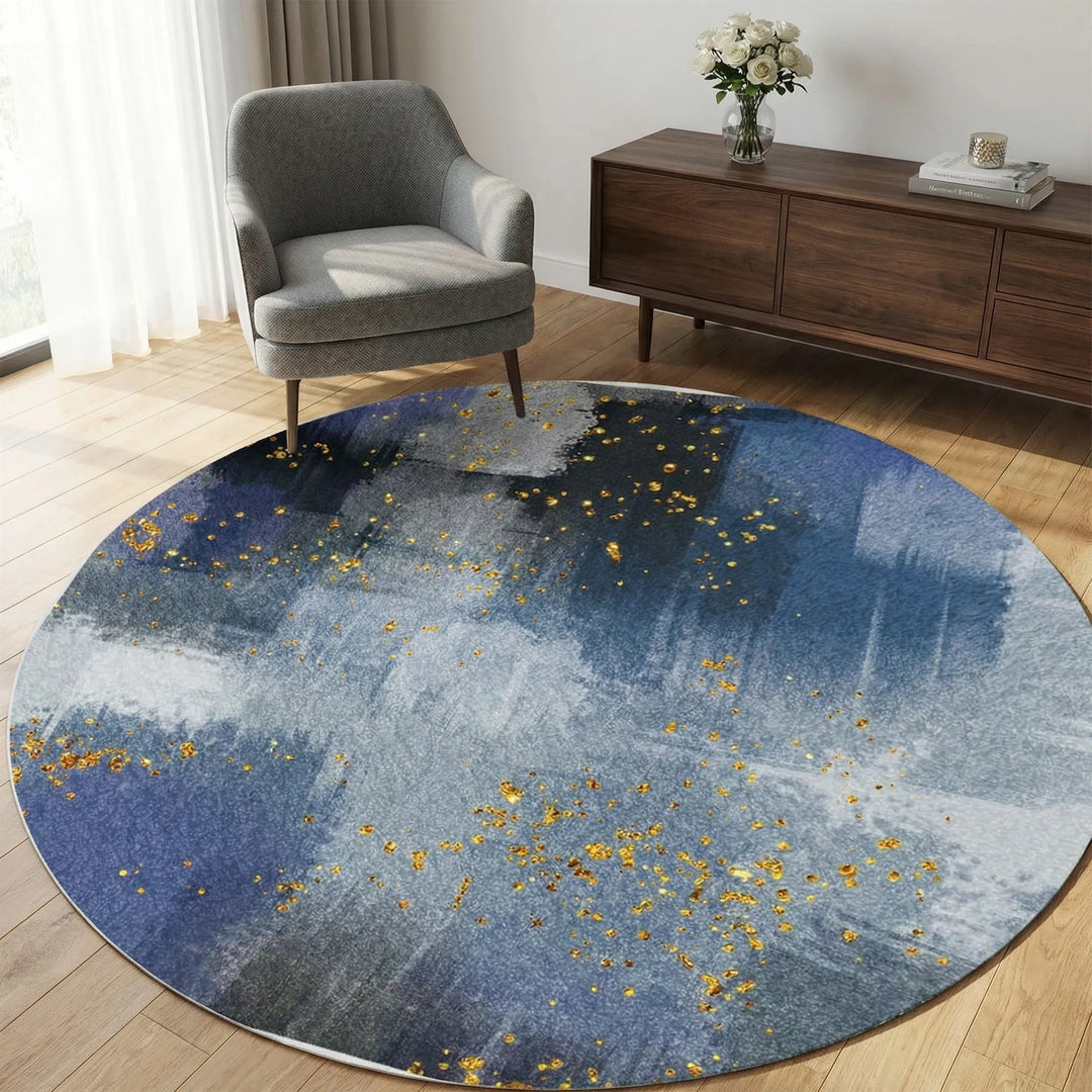 Round boho area rug with metallic accents and abstract waves, ideal for living room & home decor.