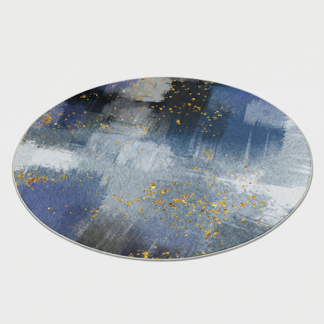 Flowique statement round rug with metallic waves & shiny accents, washable for bedroom & easy care.