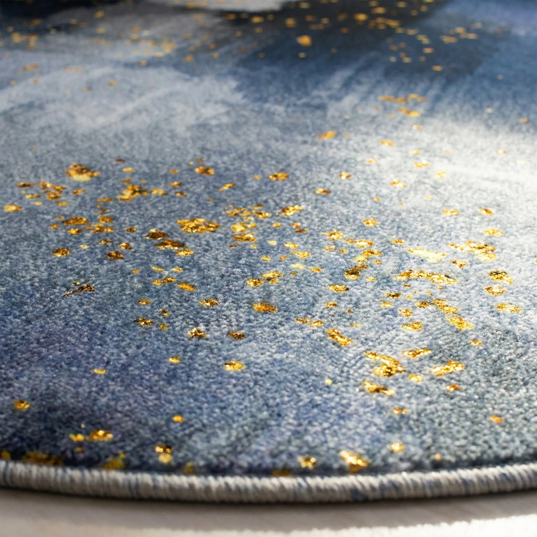Abstract round boho area rug with metallic waves and non-slip backing, perfect for modern home decor.