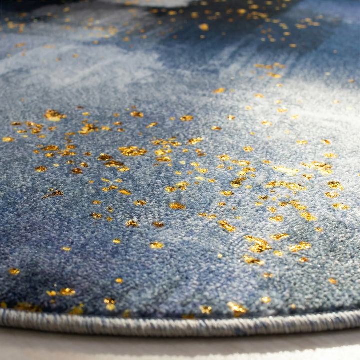 Abstract round boho area rug with metallic waves and non-slip backing, perfect for modern home decor.