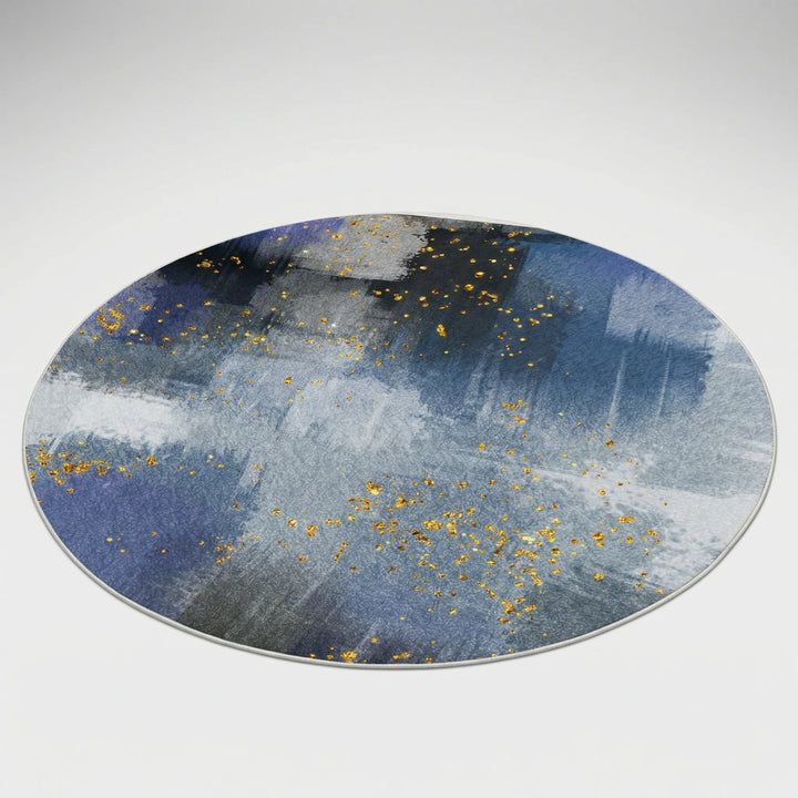 Decorative round boho area rug with metallic accents & wave pattern; a versatile statement piece.