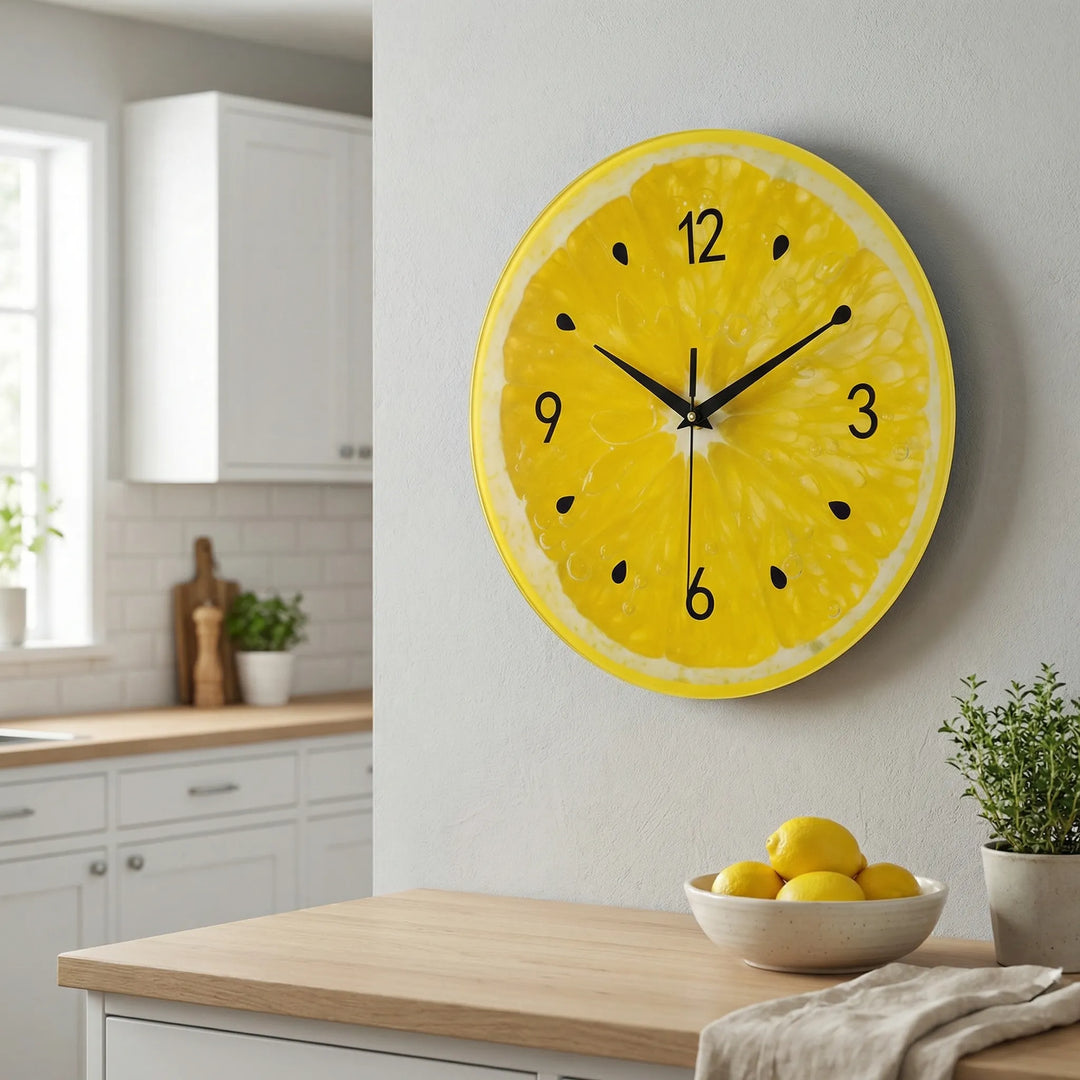 Round citrus fruit-inspired wall clock, perfect modern kitchen decor, adds a splash of color to your home.
