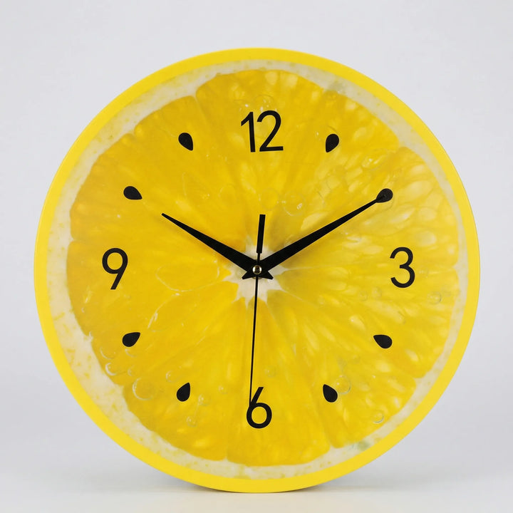 Novelty round wall clock with vibrant citrus design, a decorative piece for kitchen or dining room home decor.